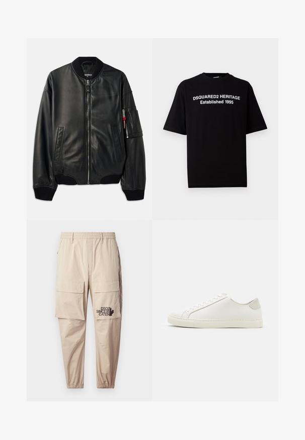 Zwarte leren bomberjack met rits, geribbelde kraag en manchetten, zijzakken en een gestructureerde afwerking. Bevat een rode accent op de mouw.; Zwarte katoenen t-shirt met korte mouwen en een ronde hals, met op de voorkant witte tekst: "DSQUARED2 HERITAGE Established 1995".; Beige cargopantalon van lichtgewicht stof, met een elastische tailleband, ritszakken en een bedrukte logo op het linkerbeen.; Witte leren sneaker met een gladde oppervlakte, ronde neus en minimalistisch ontwerp. Heeft beige accenten op de hiel en een rubberen zool.