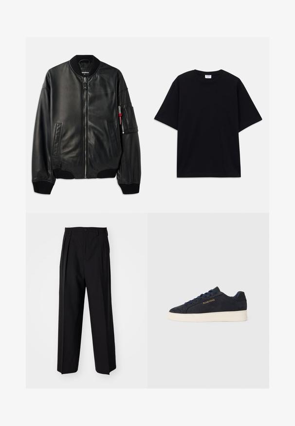 Schwarze Lederbomberjacke mit Reißverschluss, geripptem Kragen und Bündchen, Seitentaschen und einer strukturierten Oberfläche. Mit einem roten Akzent am Ärmel.; Schwarzes, oversized T-Shirt mit kurzen Ärmeln und rundem Ausschnitt, mit sichtbarem Filippa K Markenlabel im Kragen.; Schwarze, plissierte Hose mit geradem, weitem Bein. Hergestellt aus glattem Stoff, mit Knopfverschluss und Gürtelschlaufen.; Marineblaue Wildleder Low-Top Sneaker mit weißer Sohle, marineblauen Schnürsenkeln und goldenem "Filling Pieces" Logo an der Seite.