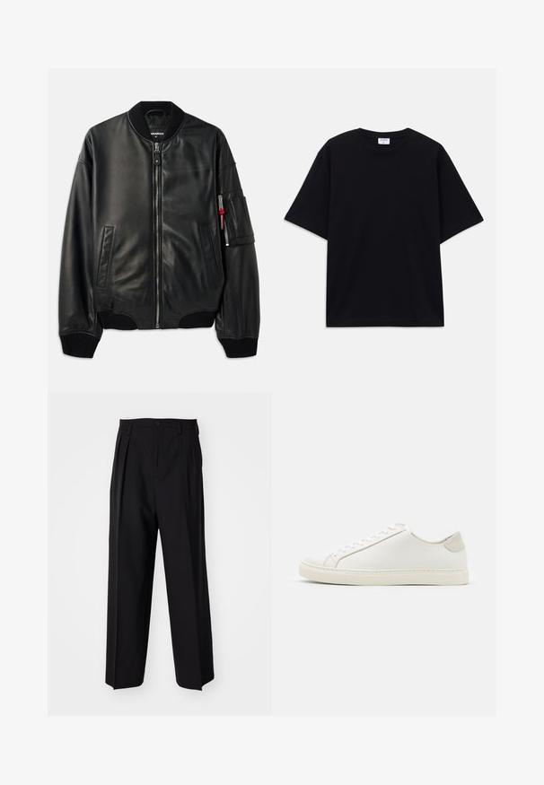 Veste bomber en cuir noir avec fermeture éclair, col et poignets côtelés, poches latérales et finition texturée. Présente un accent rouge sur la manche.; T-shirt noir à manches courtes oversize avec un col rond et une étiquette de marque Filippa K visible à l'intérieur du col.; Pantalons plissés noirs avec un design droit et large. Fabriqués en tissu lisse, avec une fermeture à bouton et des passants de ceinture.; Baskets en cuir blanc avec une surface lisse, bout rond et design minimaliste. Présentent des accents beiges sur le talon et une semelle en caoutchouc.