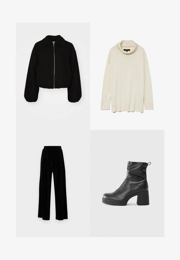 Juodas trumpas švarkas iš minkštos, tekstūruotos medžiagos. Yra apykaklė ir ilgos, šiek tiek pūstos rankovės su priekiniais užtrauktukais.; Grietas palaidinė su kailiniu kaklu, ilgomis rankovėmis, raukšlėta tekstūra ir atsipalaidavusiu siluetu. Minkšta medžiaga su paprastu dizainu ir be matomų detalių.; Juoda plataus kirpimo kelnių pora, pagaminta iš minkštos velveto medžiagos, su elastingu juosmeniu ir glotnia tekstūra, be matomų detalių ar raštų.; Juodos kulkšninių botai, pagaminti iš lygaus odos, su šoniniu užtrauktuku, masyviu tekstūruotu kulnu ir apvaliu pirštu.