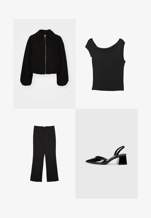 Črn skrajšan jopič iz mehkega, teksturiranega materiala. Ima ovratnik in dolge, rahlo napihnjene rokave ter sprednje zadrgo.; Črna kratka majica s kratkimi rokavi iz gladkega blaga; ima drapiran izrez in asimetrično spodnjo rob, s prilegnjenim telesom.; Črne hlače ravnega kroja z naglavnimi žepi in stranskimi razporki na robu. Narejene iz mehke, gladke tkanine. Primerne za različne priložnosti.; Črne lakirane slingback pete s koničastim nosom in geometrijsko blokasto peto. Imajo eleganten, minimalističen dizajn in gladko teksturo.