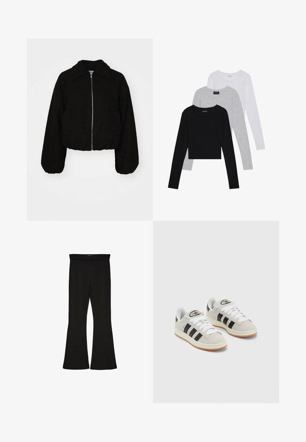 Črn skrajšan jopič iz mehkega, teksturiranega materiala. Ima ovratnik in dolge, rahlo napihnjene rokave ter sprednje zadrgo.; Tri dolga rokava zložena: črna, siva in bela. Vsaka ima okroglo izreznico in skrajšan dizajn z gladkim, lahkotnim materialom.; Črne flare leggings iz raztegljive tkanine. Imajo širok pas in gladko teksturo, s prilegajočo silhueto, ki se na robu razširi.; Sive športne čevlje iz semiša z belimi vezalkami, črnimi črtami in belim gumijastim podplatom. Imajo okroglo oznako na ježku in podplat iz gume.