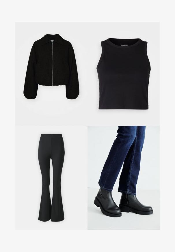Black cropped jacket in a soft, textured fabric. Features a collared neck and long, slightly puffed sleeves with a front zipper closure.; Black ribbed crop tank top with a round neckline and sleeveless design. Made from soft, stretchy fabric, featuring clean hemmed edges.; Black flared trousers made from stretchy fabric. Features a high waistband and a smooth, fitted design that flares from the knee downward.; Black leather ankle boots with a chunky sole and side elastic panels, paired with dark blue jeans. The ground is light-colored.
