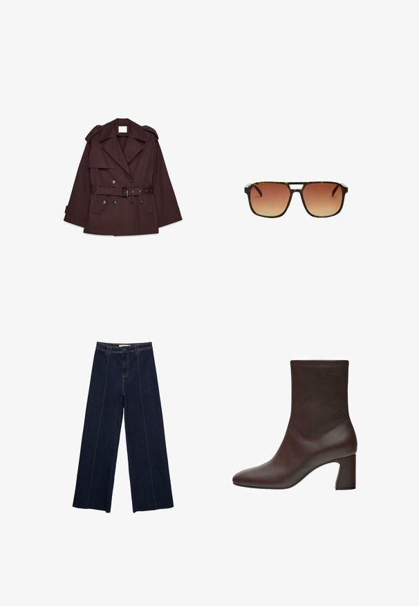 Brązowy płaszcz trench z paskiem w talii, szerokimi klapami, epauletami na ramionach i wieloma kieszeniami z przodu. Wykonany z gładkiego, lekkiego materiału.; Brązowy sweter dzianinowy wykonany z miękkiego materiału, z okrągłym dekoltem, krótkimi rękawami i luźnym krojem. Teksturalne wykończenie o gładkiej powierzchni.; Szerokie spodnie z ciemnego denimu z kontrastowym przeszyciem, wysoki stan i prosty krój. Posiadają kieszenie z przodu oraz klasyczne zapięcie na guzik.; Brązowe skórzane botki za kostkę o dopasowanym fasonie, w szpic, z masywnym wysokim obcasem. Gładka tekstura i subtelne detale przeszycia na górze.; Okulary przeciwsłoneczne w kolorze tortoise z prostokątną ramką, brązowymi gradientowymi soczewkami oraz charakterystycznym srebrnym akcentem na moście.; Anna Field - Rękawiczki pięciopalcowe; Kolczyki z metalu w złotym odcieniu o gładkim, nieregularnym kształcie i błyszczącej powierzchni, charakteryzujące się minimalistycznym wzornictwem bez ozdób.
