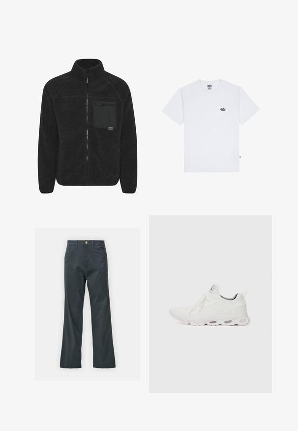 Giacca in pile nera con collo alto. Chiusura frontale con zip e tasca sul petto con cerniera. Materiale morbido e testurizzato.; T-shirt bianco in cotone con maniche corte, dotato di un piccolo logo nero sul petto e di un'etichetta nell'angolo in basso a sinistra.; Pantaloni neri con taglio dritto, realizzati in tessuto misto cotone. Presentano una chiusura con bottone metallico e tasche laterali. Nessun motivo visibile.; Scarpe atletiche bianche con tomaia in maglia testurizzata, lacci piatti e una suola ammortizzata con camere d'aria visibili per un supporto aggiuntivo.