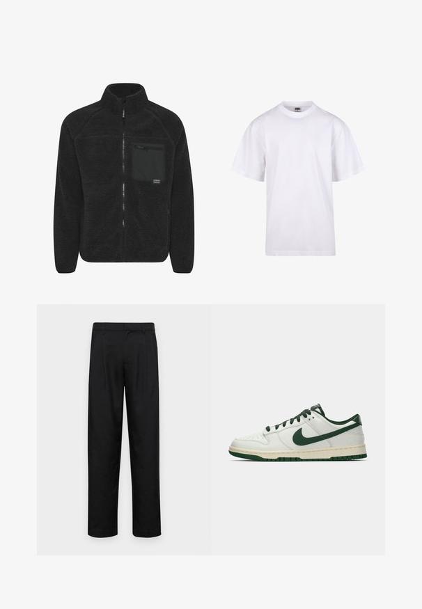 Juodas flisinis džemperis su aukštu apykakle. Priekinis užtrauktukas ir krūtinės kišenė su užtrauktuku. Minkšta, tekstūruota medžiaga.; Balta medvilnės marškinėliai su apvaliu iškirpimu, trumpomis rankovėmis ir laisvu siluetu. Turi paprastą dizainą be raštų ar akcentų.; Juodi kelnių modeliai, pagaminti iš lygios medžiagos, turi tiesią kojas, du priekiniai klostės ir standartinę juosmenį su diržo kilpomis.; Balti žemi sportbačiai su tamsiai žaliu Nike swoosh, raišteliais ir padu, rodomi šoniniame profilyje ant baltos fono.