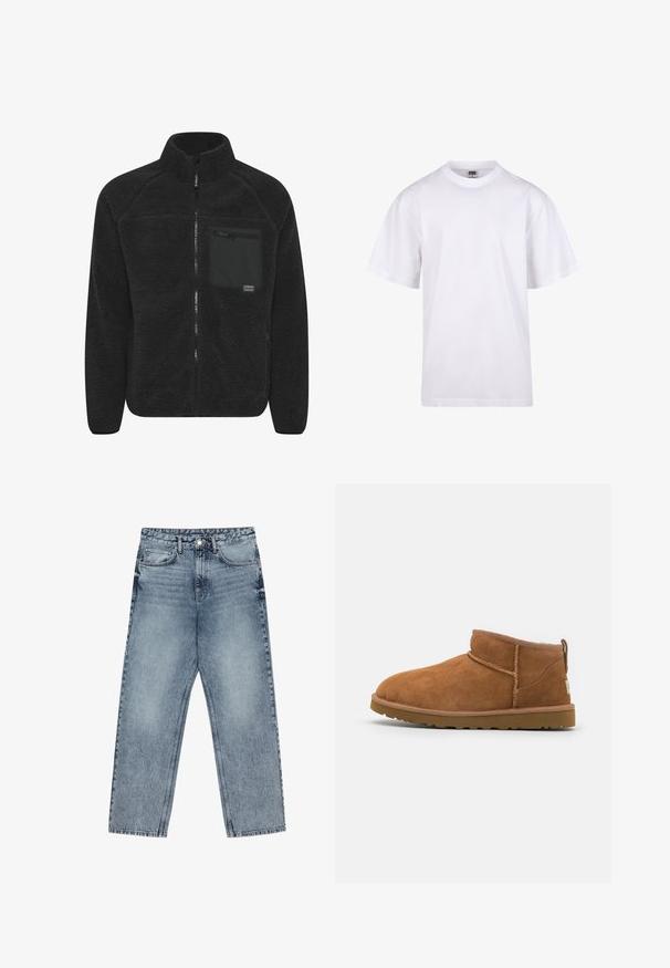 Must mustkunst, millel on kõrge krae. Ees on tõmbluku sulgemine ja rindade all on tõmblukuga tasku. Pehme, tekstuuriga materjal.; Valge puuvillane t-särk ümmarguse kaeluse, lühikeste varrukate ja lõdva lõikega. Omab lihtsat disaini ilma mustrite või aktsendita.; Heledad sinine teksad sirge lõikega, nähtavate õmblustega, viie taskuga disain ja nupuga kinnitamine vööl.; Kerged suede pahklipüne, ümarate varvastega, delikaatsed õmblustead ja tekstureeritud kummist tald. Lühike kõrgus ilma paeltega.