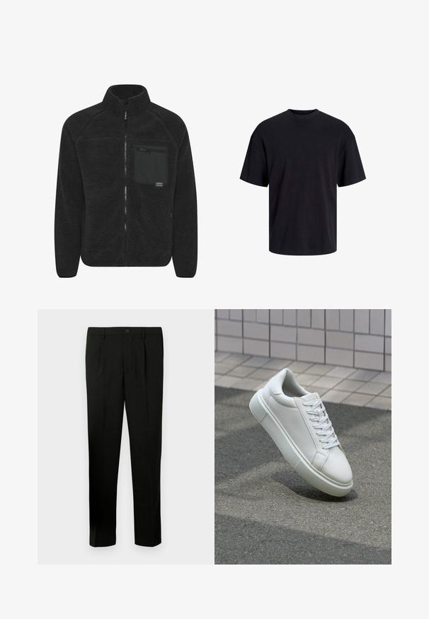 Black fleece jacket with a high collar. Front zip closure and a chest pocket featuring a zipper. Soft, textured material.; Black cotton t-shirt with a crew neckline, short sleeves, and a relaxed fit. Smooth texture and no visible patterns or accents.; Black tailored trousers with a flat front, two pleats, a button closure, side pockets, and a straight-leg cut. Made from a smooth fabric.; White leather sneaker with a smooth surface, round toe, and flat white laces. Features a textured rubber sole and minimal design elements.