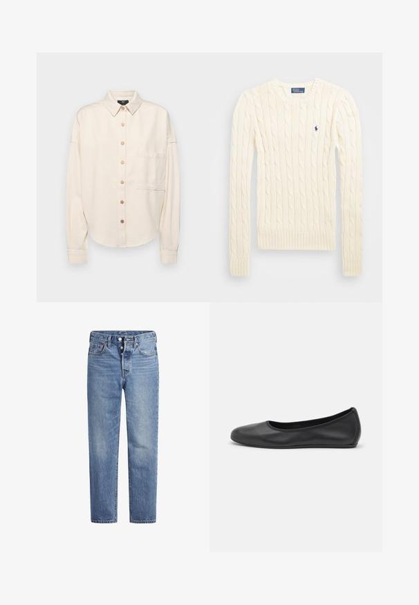 Cream-colored long-sleeve shirt, button-up front, collar, loose fit, single chest pocket, and subtle texture. Bronze button accents.; Cream cable-knit sweater with long sleeves, ribbed cuffs and hem, featuring a small embroidered logo on the left chest.; Light blue denim jeans with a straight cut, five-pocket design, and a button fly. Features subtle fading and orange stitching accents.; Black leather ballet flat with a rounded toe, smooth texture, minimal stitching detail, and a flexible sole design.