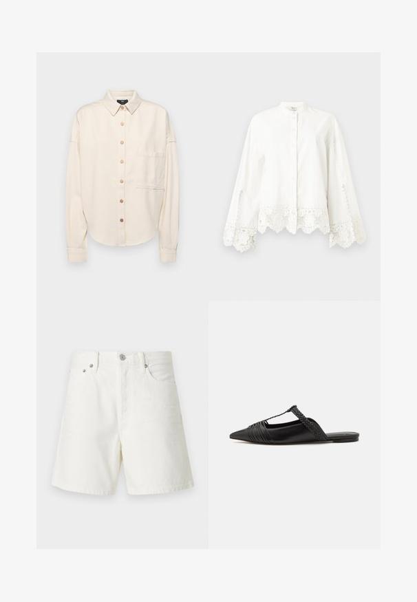 Camicia a maniche lunghe color crema, con apertura a bottoni, colletto, vestibilità ampia, tasca sul petto singola e texture sottile. Accenti in bottone bronzo.; Camicia bianca a maniche lunghe con bottoni, rifinita con pizzo su polsini e orlo, caratteristiche di un colletto alla mandarino e cuciture decorative sottili.; Shorts di denim bianco con taglio dritto, design a cinque tasche, chiusura frontale con bottone, accessori in argento e dettagli cuciti.; Scarpa slingback in pelle nera con punta appuntita, con un dettaglio intrecciato e un design superiore plissettato. Suola piatta con hardware minimale.