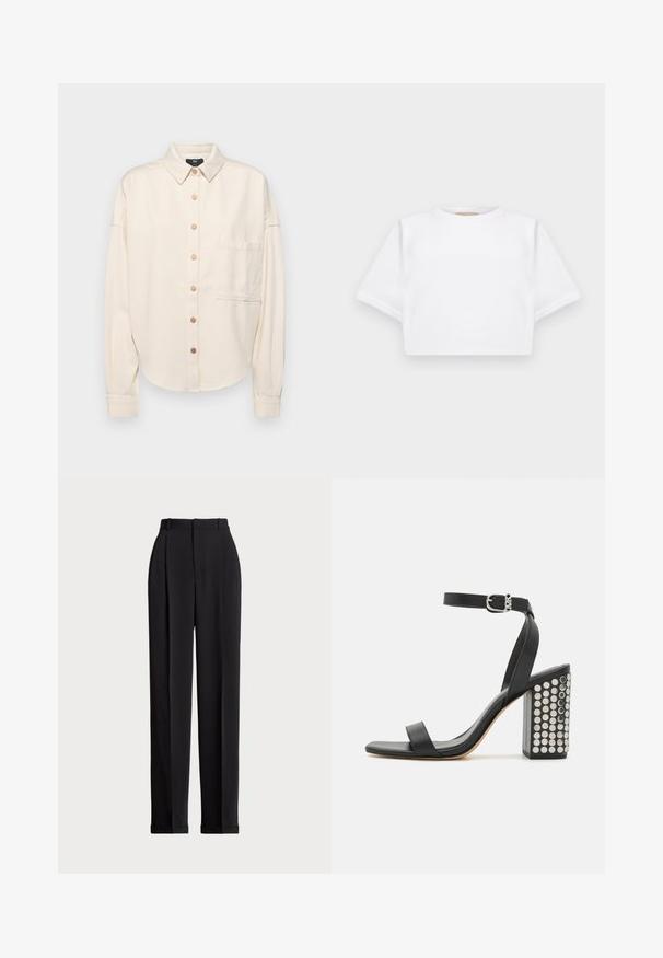 Krém színű, hosszú ujjú ing, gombos elől, galléros, laza szabású, egyetlen mellzsebbel és finom textúrával. Bronz gomb díszítések.; Rövid ujjú, puha anyagból készült, vágott fehér póló, kör alakú nyakkivágással és bordázott alsó résszel. Egyszerű és díszítetlen kialakítás.; Fekete, testre szabott nadrág magas derékkal, elöl redőkkel, egyenes láblineáris kialakítással és halkézével. Sima anyagból készült.; Fekete bőr sarkú szandál bokaremmel. Négyzetes orrával, sima felületével és négyzet alakú, ezüst tüskékkel díszített tömbsarkával rendelkezik.