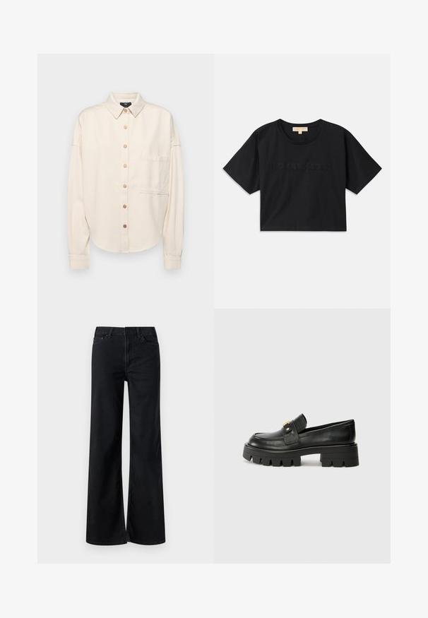 Camisa de manga larga color crema, con botones en la parte delantera, cuello, corte suelto, un bolsillo en el pecho y textura sutil. Acentos de botones en bronce.; Camiseta corta negra de algodón. Presenta cuello redondo y mangas cortas. "MICHAEL KORS" bordado en color a juego en la parte frontal.; Pantalones vaqueros de pierna ancha en negro fabricados en denim. Presentan un clásico diseño de cinco bolsillos, cierre con cremallera y detalles de costura sutiles. Textura suave.; Mocasines de cuero negro con una suela gruesa, que presentan un acento en tono dorado en la parte delantera y un acabado suave. Diseño de suela con dibujo grueso.