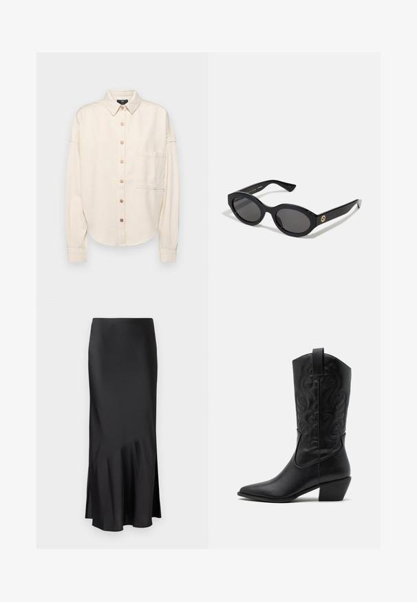 Chemise à manches longues couleur crème, avec un bouton sur le devant, col, coupe ample, poche poitrine unique et texture subtile. Accents en boutons bronze.; Deux T-shirts à manches courtes en noir et blanc. Fabriqués en coton doux, avec un col rond classique et une coupe standard.; Jupe midi en satin noir au design épuré, avec une légère évasement à l'ourlet et une fente sur le côté pour faciliter les mouvements. Texture lisse.; Bottes de cowboy en cuir noir avec un bout pointu, des motifs en relief en spirale et un talon de hauteur moyenne. Équipées d'une languette pour un enfilage facile.; Lunettes de soleil ovales noires avec des verres sombres et une monture en plastique brillant. Présente un logo doré sur la branche, offrant un design épuré et moderne.