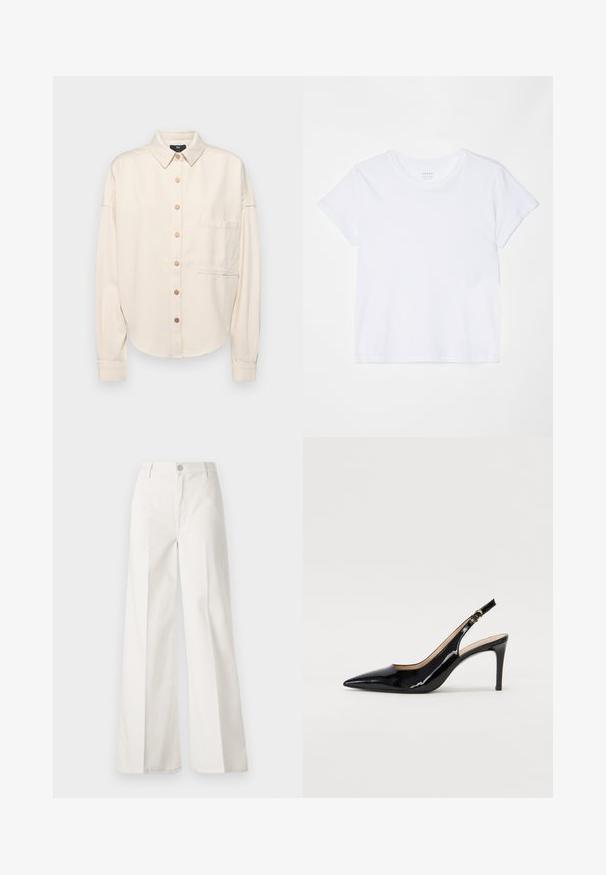 Chemise à manches longues couleur crème, avec un bouton sur le devant, col, coupe ample, poche poitrine unique et texture subtile. Accents en boutons bronze.; FRAME BABY TEE - T-shirt basique - white; Pantalons blancs à jambes larges en coton avec une texture douce. Comprend un bouton à l'avant, une fermeture éclair et un design à quatre poches.; Pompe slingback en cuir verni noir avec un bout pointu, un talon fin et un design de découpes subtil. Elle dispose d'une boucle dorée sur la sangle.