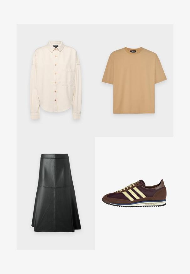 Cream-colored long-sleeve shirt, button-up front, collar, loose fit, single chest pocket, and subtle texture. Bronze button accents.; Beige cotton t-shirt with a crew neckline, short sleeves, and a relaxed fit. Smooth texture with stitching along the hem and sleeves.; Black leather A-line skirt, smooth texture, mid-calf length, features horizontal stitching detail at the waist and seams for added structure.; Brown and burgundy sneaker with suede and mesh materials, featuring three cream stripes, textured fabric on the tongue, and a rubber sole.