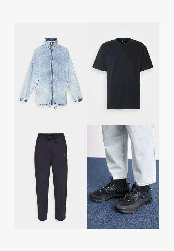 Jaqueta de ganga azul clara com colarinho alto, fecho frontal, bolsos laterais e punhos elásticos. Apresenta um efeito desbotado e bainha com cordão.; T-shirt de algodão preto da Nike com um clássico decote redondo, mangas curtas e um logótipo em relevo discreto no peito. Textura suave.; Calças de treino pretas feitas de tecido suave, com faixa elástica na cintura, cordão regulador e um pequeno logótipo da Nike na coxa esquerda.; Sapatilhas desportivas pretas com tecido texturizado e solas em borracha, apresentando atacadores elásticos e um detalhe azul no calcanhar. Usadas com calças de ganga claras.