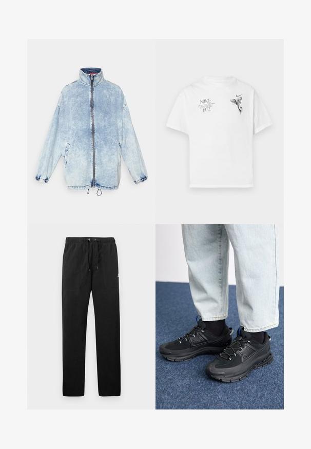 Heledsinine teksajakk kõrge kaelusega, ees lukuga, küljetaskutega ja elastsete mansettidega. Omab tuhmunud pesu ja köiega allääret.; Valge puuvillane T-särk, millel on must graafiline trükk tiivulise kuju ja tekstiga, ümardatud kaeluse ning lühikeste varrukatega.; Mustad fliisist sportpüksid, millel on elastne vöö ja paelad, kaks esi-taskut ning väike logo reie peal.; Mustad mustad jooksukingad, millel on tekstureeritud kangas ja kummist tallad, elastsed nöörid ning sinine aksent kandadel. Kandmine heledate teksadega.