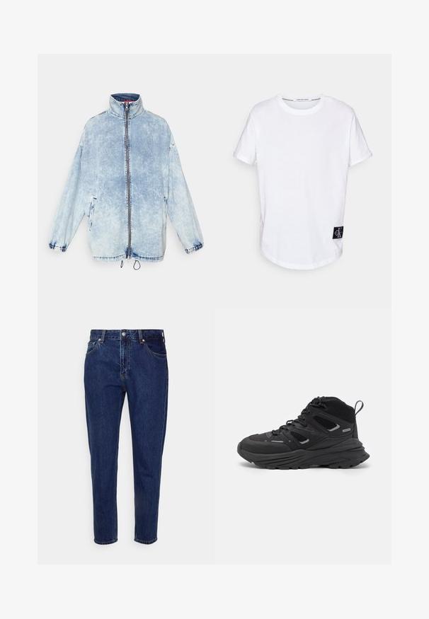 Light blue denim jacket with a high collar, front zipper, side pockets, and elastic cuffs. Features a faded wash and drawstring hem.; White cotton T-shirt with rolled short sleeves, rounded hem, and a black logo tag featuring "CK" at the bottom left side.; Dark blue denim jeans with a straight-leg design, five pockets, and a button-fly closure. Features subtle fading and stitch detailing.; Black hiking shoes featuring a layered design, textured fabric, and rubber sole, with reinforced areas and a lace-up front.