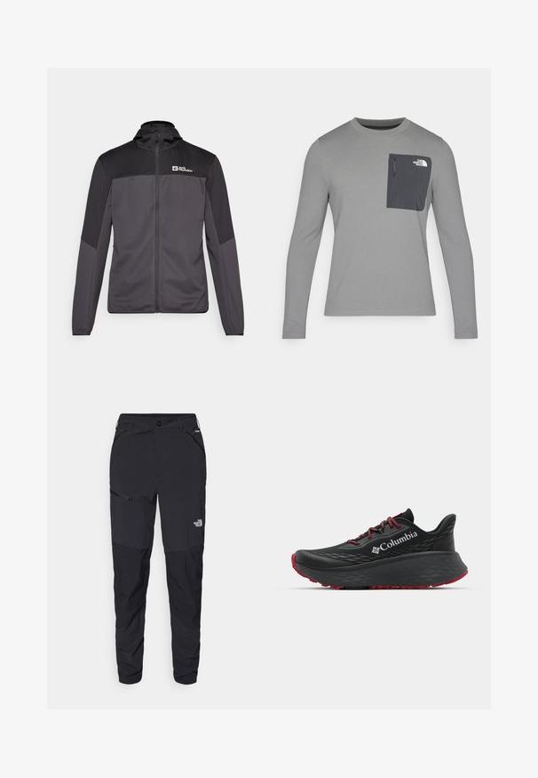 Hallikas sportlik jakk kõrge kaelusega, tõmblukk ja mustad õlavarre aktsendid. Ees on logo vasakul ülal nurgas.; Pikacitega hall pikka varrukaga särk, millel on tekstuuriga kangas, tumeda halli rinnataskuga ja tõmblukuga. Taskul valge logo.; Mustad musta värvi välispüksid kitsa lõikega, valmistatud vastupidavast kangast. Sisaldab lukuga Taskuid ja diskreetset brändingu eleminti esijalal.; Mustan värvi spordijalats tekstuuriga pealisega, punaste paelte ja logoga. Paksem tallaga, millel on mustritooted kaheksast edasi liikumiseks. Minimalistlik disain, külgvaade.