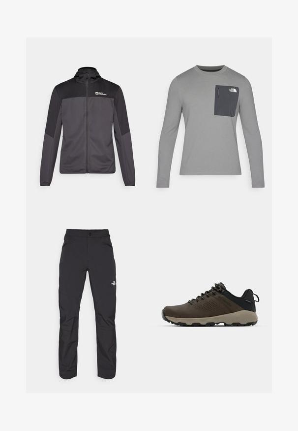 Harmaa urheilutakki, jossa on korkea kaulus, vetoketjusuljin ja mustat olkaakkoset. Kaksi ylhäällä vasemmalla puolella logo.; Harmaa pitkähihaisuus paita, jossa on teksturoitu kangas, tummanharmaalla rintataskulla ja vetoketjukiinnityksellä. Taskussa valkoinen logo.; Mustat ulkoiluhousut vetoketjullisella etutaskulla, synteettisestä materiaalista, kapenevilla lahkeilla ja vahvistetuilla polviosilla. Varustettu nappisuljennalla.; Ruske vedenäyttävät lenkkarit, joissa on tekstuuroitu päällinen, reikiä korostavia yksityiskohtia, musta kantatuki ja harmaa kumipohja. Kiristysnauhoissa on metalliset päät.