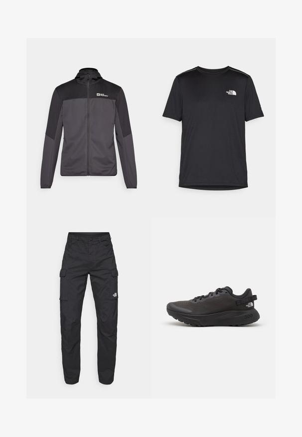 Gray athletic jacket with a high collar, zip closure, and black shoulder accents. Features a logo on the upper left side.; Black short-sleeve T-shirt made from lightweight fabric. Features a small white logo on the left chest and subtle shoulder accents.; The North Face EXPLORATION PANTS - Cargo trousers - black; Black athletic shoe with mesh upper, padded collar, and rubber sole. Features textured design and branding on the heel. Lightweight construction.
