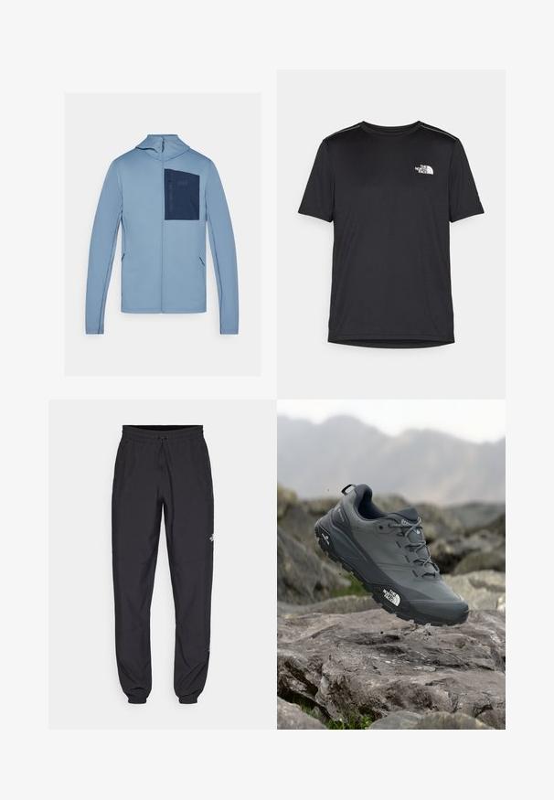 Világoskék, cipzáras dzseki texturált felülettel, tengerészkék mellzsebbel és diszkrét logókkal. Hosszú ujjai és kapucnija van.; Fekete, rövid ujjú póló, könnyű anyagból készült. Bal mellen egy kis fehér logó található, és finom vállrész kiemelések.; Fekete sportnadrág, könnyű anyagból készült, húzózsinóros derékkal, oldalsó zsebekkel és szűkített szárakkal a bokáknál.; Szürke terepfutó cipő, texturált felsőrésszel, tartós gumitalppal és megerősített orr résszel. Fekete fűzők és márka logó a cipő oldalán.