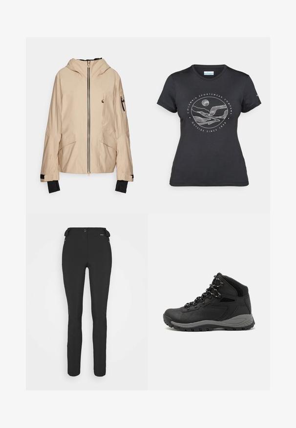Jachetă de exterior bej, prevăzută cu glugă, fermoar frontal, multiple buzunare și accente negre la manșete. Fabricată dintr-un material ușor, texturat.; Tricou negru Columbia cu artă liniară albă circulară reprezentând munți și un râu, împreună cu textul "Columbia Sportswear Company Afară din 1938."; Pantaloni negri, ajustați, confecționați dintr-un material flexibil. Caracteristici includ un buzunar cu fermoar pe lateral, genunchi articulați și o textură netedă.; Botă de drumeție neagră cu un design mediu, având un material texturat, accente gri și o talpă din cauciuc durabilă cu crampoane pentru aderență.
