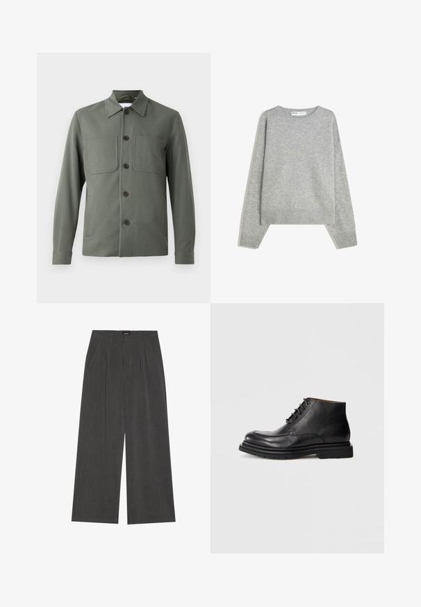 Dark green jacket with a folded collar, button front, and two chest pockets. Smooth fabric with a tailored fit. Buttons are brown.; Gray knit sweater with a crew neckline, ribbed cuffs and hem, featuring a relaxed fit and soft texture.; Wide-leg trousers in dark grey fabric, featuring a pleated front, two side pockets, and a flat waistband. Smooth texture and tailored design.; Black leather ankle boot with lace-up closure, rounded toe, and thick rubber sole against a plain white background.