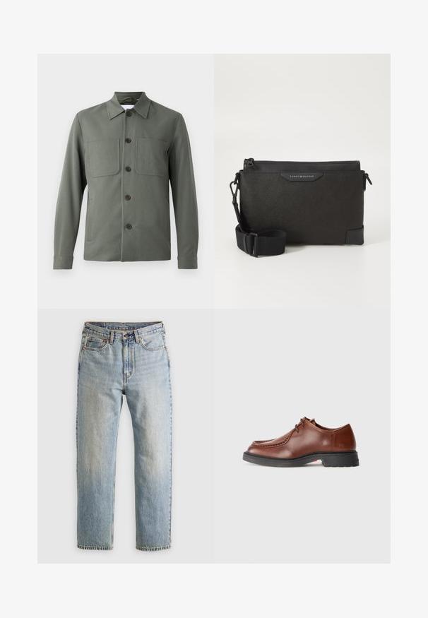 Tumši zaļš žakets ar salocītu apkakli, pogu aizdari un divām krūšu kabatām. Gluda auduma, piegriezums ir piegriezts. Pogas ir brūnas.; Burgundijas garās piedurknes krekls, kas izgatavots no kokvilnas, ar pogu piegriezumu, priekšējo pogu aizdari un mazu logo uz krūšu.; Gai zila denima bikses ar augstu jostasvietu, priekšējo pogu, rāvējslēdzēju un piecu kabatu dizainu, izlīdzinātas uz neitrāla fona.; Brūni ādas uzvalka apavi ar noapaļotu purngalu, kontrastējošām šuvēm, saistīšanas dizainu un teksturētu melnu gumijas zoli.; Melna ādas krusts soma ar teksturētu apdari, aprīkota ar rāvējslēdzēja aizdari un regulējamu siksnu. Priekšpusē logo uzlīme. Taisnstūra forma.