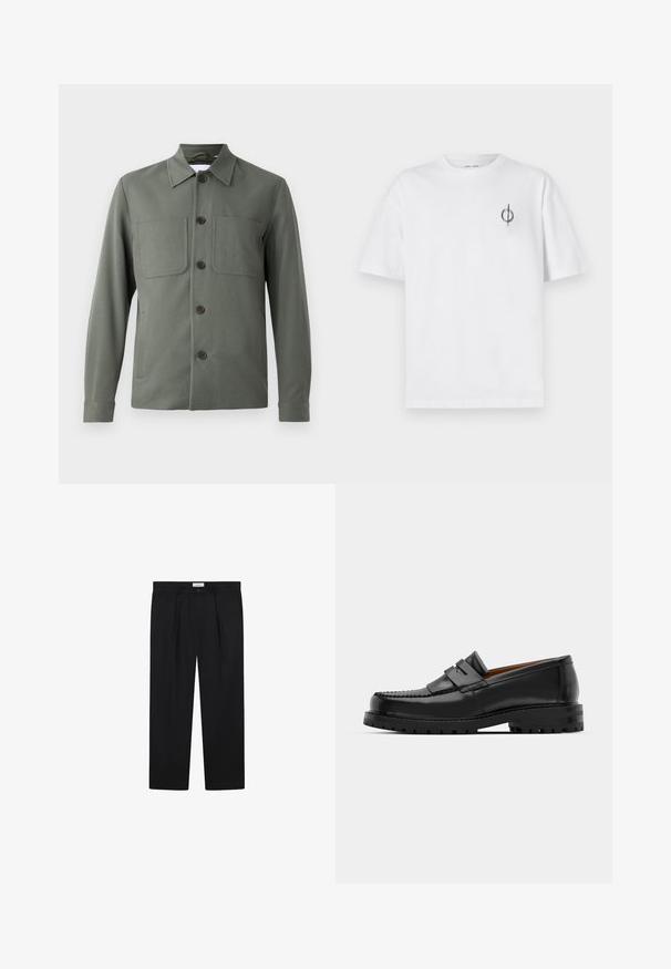 Mørkegrønn jakke med brettet krage, knappelukking foran og to brystlommer. Glatt stoff med figursydd passform. Knapper i brun farge.; Hvit bomull t-skjorte med avslappet passform, med en liten svart grafisk logo på venstre brystområde. Korte ermer, rund hals.; Sorte skreddersydde bukser med frontfalter, rett bendesign og knappelukking. Stoffet ser glatt ut med en lett glans.; Svart skinnloafers har en hevet søm, to dekorative stropper på oversiden, og en tykk teksturert såle for bedre grep.