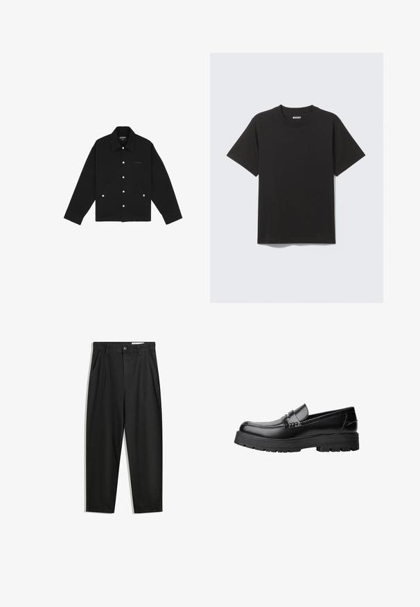 Svart jacka i mjukt tyg, med krage, knappstängning, två framfickor och synliga sömnadsdetaljer.; Svart T-shirt med kort ärm i mjuk bomull, med rund halsringning och enkel design utan mönster eller detaljer.; Svarta bomullsshorts med avslappnad passform, med en klassisk midja, framveck och sidfickor. Slät textur utan mönster.; Svart läderloafer med kraftig mönstrad sula och dekorativ rem över framtill, visad i vänster sidoprofil på vit bakgrund.