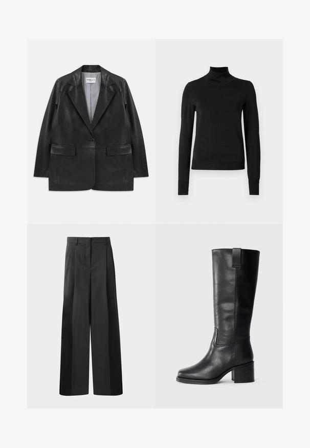 Črni usnjeni blazer z izrezanimi reverji, enojnim gumbom, žepi s poklopcem in črtastim notranjim podlogom.; Črni pulover s dolgimi rokavi in vratnikom, z rebrastimi манжетами in robom, prikazan na enobarvni beli podlagi.; Črne široke hlače z visokim pasom, z oblikovanimi pregibi spredaj, gladko teksturo in natančno dodelavo. Oblikovane za sproščen fit.; Črne usnjene škornje do kolen z gladko teksturo, kvadratnim nosom, blok peto in stranskimi zankami za obuvanje, ki vsebujejo minimalne šive.