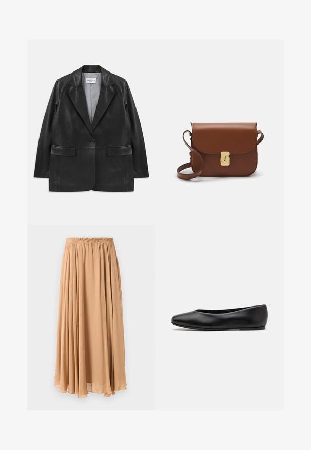 Črni usnjeni blazer z izrezanimi reverji, enojnim gumbom, žepi s poklopcem in črtastim notranjim podlogom.; Svetilka svetlo bež barve s krajšim krojem in zadrgo na ovratniku, ki ima strukturiran vzorec ter rebraste manšete in spodnji rob. Združuje pletene in tkane materiale.; Maxi krilo v svetlem bežu, izdelano iz lahkotnega materiala. Ima nabran elastičen pas in mehak nabran kroj, ki omogoča gibanje.; Paul Smith TOPANGA - Balerinke - black; Rjava usnjena torbica s poklopcem, zlato obarvani okovi, naramnica in gladka tekstura. Kompaktna pravokotna oblika.