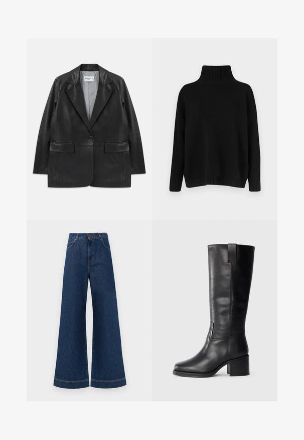 Črni usnjeni blazer z izrezanimi reverji, enojnim gumbom, žepi s poklopcem in črtastim notranjim podlogom.; Črni pleteni pulover z visokim rebrastim ovratnikom, spuščenimi rameni in sproščenim krojem. Ima rebraste manšete in spodnji rob za dodatno teksturo.; Svetlo modri jeans širokih nogavic z visokim pasom, ki imajo zaponko, težke zanke za pas in subtilne šive ob žepih in robovih.; Črne usnjene škornje do kolen z gladko teksturo, kvadratnim nosom, blok peto in stranskimi zankami za obuvanje, ki vsebujejo minimalne šive.