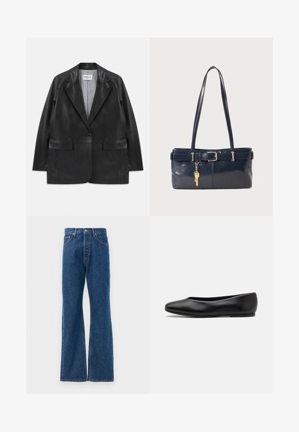 Blazer de couro preto com lapelas recortadas, fecho com um único botão, bolsos de aba e forro interior riscado.; Camisa de botões às riscas com uma base branca, apresentando linhas finas e multicoloridas em azul, laranja e verde. Mangas longas e colarinho clássico.; Calças de ganga azul de boca larga com uma cintura alta, apresentando cinco bolsos, um fecho de botão prateado e costuras visíveis.; Paul Smith TOPANGA - Sabrinas - black; Bolsa de couro azul-marinho com duas alças longas, um detalhe de fivela e um porta-chaves anexado. Apresenta uma textura suave e uma forma retangular.