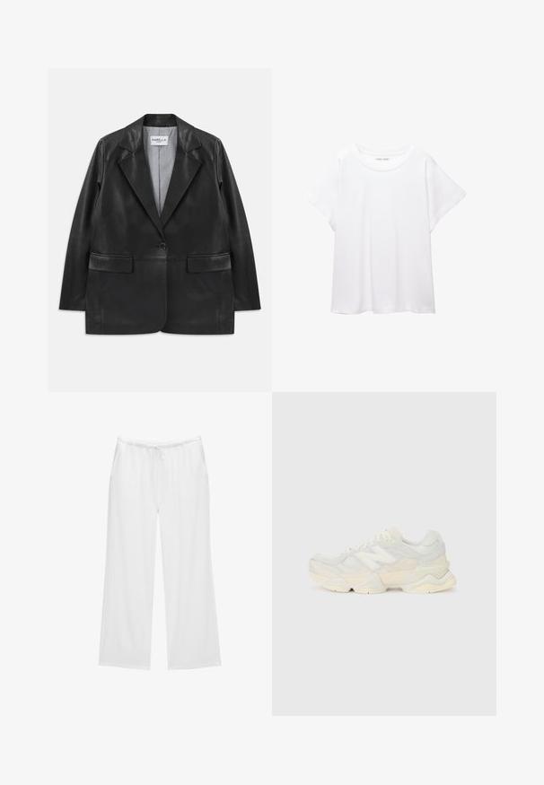 Crna kožna sako jakna s uspravnim reverima, jednim dugmetom, džepovima s preklopom i prugastom unutrašnjom podstavom.; Bijela majica od mekane, lagane tkanine. Ima okrugli izrez i kratke, široke rukave s ležernim krojem. Bez vidljivih uzoraka.; Bijele široke hlače izrađene od mekanog materijala, s elastičnom gumom u struku i vezicom, te dva bočna džepa. Jednostavan i uredan dizajn.; Lagana tenisica s gornjim dijelom od mrežice i antilopa u blagim krem tonovima, srobustnom potplatom i trodimenzionalnim detaljima.