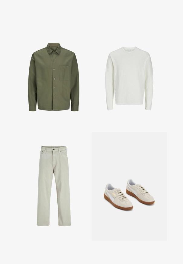 Olive green button-down shirt made of cotton, with a collar, front pocket, and long sleeves with buttoned cuffs.; Koszula z długim rękawem w odcieniu off-white, z teksturowanej tkaniny. Wzór z okrągłym dekoltem, bezszwowe ramiona i prosty dół. Brak widocznych wzorów lub akcentów.; Jasnobeżowe dżinsy w stylu prostym, o pięciu kieszeniach i guzikowym zapięciu w pasie, z minimalną liczbą detali szwów.; Beżowe zamszowe trampki z białymi skórzanymi akcentami i brązowymi gumowymi podeszwami. Posiadają okrągły nosek, sznurówki oraz złote logo z boku.