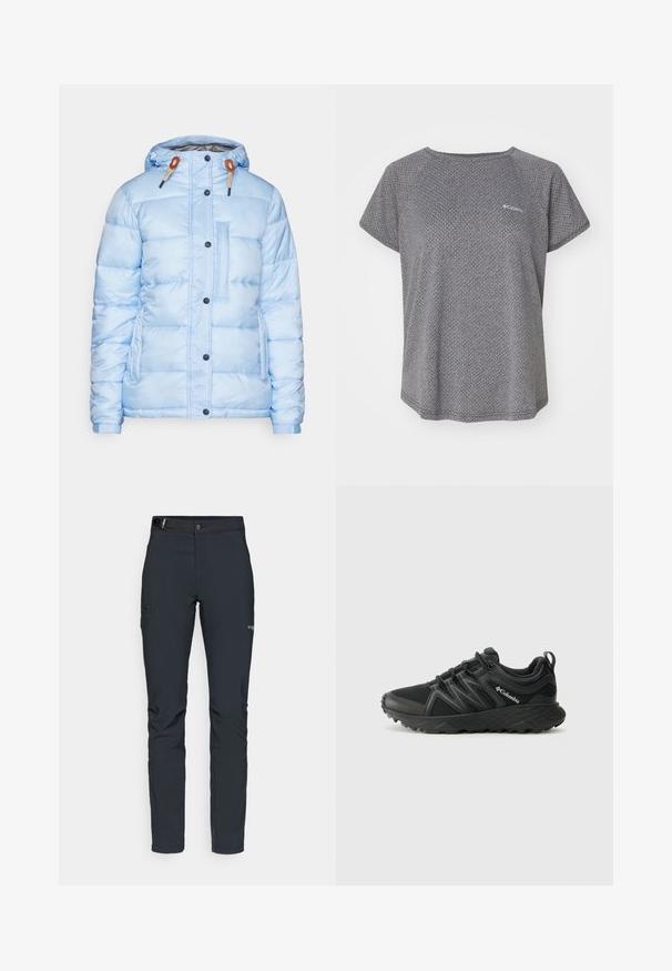 Giacca puffer azzurro chiaro, con chiusura frontale a zip, bottoni a pressione, polsini elastici e una tasca sul petto con un design elegante e una texture vivace.; Maglietta grigia a maniche corte con un sottile motivo testurizzato, scollatura rotonda e logo Columbia sul petto. Tessuto morbido, vestibilità rilassata.; Pantaloni da uomo per attività all'aperto, grigio scuro, realizzati in materiale elastico, dotati di cintura, tasche con zip e cuciture rinforzate.; Columbia PEAKFREAK - Scarpa da hiking - black