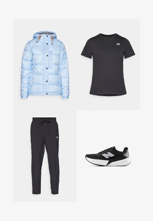 Hele sinine puffjakker, millel on esikülg lukk, nööbid, elastsed varrukad ja rinnanõtkus, millel on stiilne kujundus ja elav tekstuur.; Must beebi särk, millel on lühikesed varrukad ja pehme kangas, ülaosas vasakul rinnal on väike hall New Balance'i logo, klassikaline ümar kaelus.; Kerged mustad spordipüksid, mis on valmistatud kergest materjalist, elastse vöökoha ja reguleeritava nööriga. Küljel on väike logo.; Mustvalge New Balance jooksujalats, millel on paks tallar ja võrkkangast ülemine osa, ning külgvaates on näha ka „N” logo.