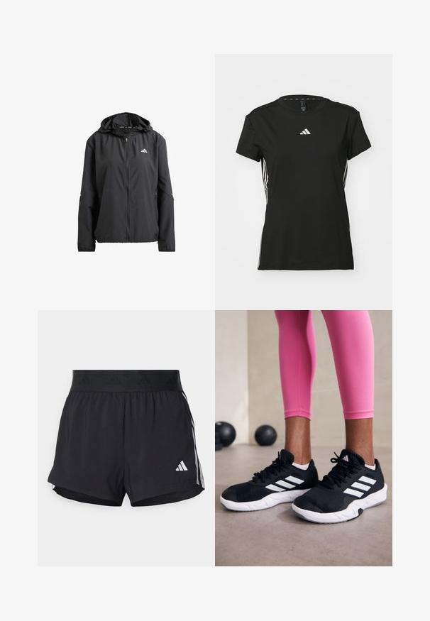 Zwarte lichtgewicht jack met capuchon, volledige rits en twee zijzakken. Bevat een reflecterende logo op de borst en subtiele accenten op de mouwen.; Zwarte sportt-shirt met korte mouwen, gemaakt van synthetisch materiaal. Bevat een klein wit logo op de borst en witte strepen aan de zijkanten.; Zwarte sportshorts met een elastische tailleband, voorzien van een gestructureerde band, zijstrepen en een wit Adidas-logo op de onderrand.; Zwarte sportschoenen met witte strepen, structuur-mesh bovenwerk en een witte zool. Draagt bij roze leggings, die trainin gskleding laten zien.