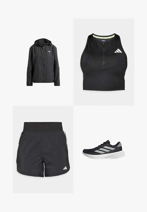 Veste légère noire avec capuche, fermeture éclair intégrale et deux poches latérales. Présente un logo réfléchissant sur la poitrine et des accents discrets sur les manches.; Crop top de sport noir avec une fermeture éclair à l'avant, fabriqué à partir d'un tissu lisse. Présente un col intérieur vert et un logo blanc sur le côté.; Shorts de sport noirs avec une taille élastique, des poches latérales et des accents de rayures blanches sur les côtés. Fabriqués en matériau léger.; Baskets de course noires avec tige en mesh, trois rayures argentées, semelle intermédiaire blanche et semelle extérieure texturée. Comprend un col rembourré et un système de laçage.
