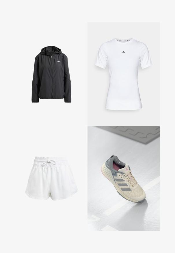 Svart lett jakke med hette, full glidelås og to sidelommer. Har reflekterende logo på brystet og subtile detaljer på ermene.; Hvit idrettsskjorte med korte ermer, laget av glatt, elastisk stoff. Har en liten svart Adidas-logo på brystet.; Hvite sportsbukser med elastisk midje og justerbar snor. Laget av lett materiale, med sidelommer og løs passform.; Beige atletisk sko med grå aksenter, mesh-overdel og en teksturert såle. Har tre grå striper og rosa interiør detaljer.