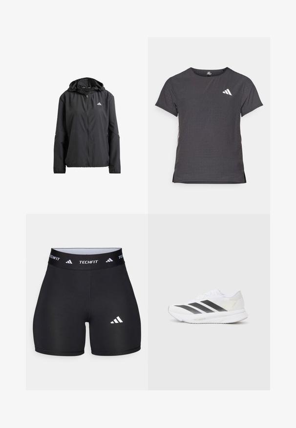 Casaco leve preto com capuz, fecho total e dois bolsos laterais. Apresenta um logotipo refletor no peito e detalhes subtis nas mangas.; T-shirt atlético de mangas curtas, cinza escuro com textura perfurada. Apresenta um logo branco e riscas laterais contrastantes. Decote arredondado.; Calções pretos feitos de um tecido elástico com um design ajustado. Apresentam uma ampla faixa na cintura preta rotulada como "TECHFIT" e um logótipo branco na perna.; Shoe atlético branco com riscas diagonais pretas, parte superior em malha, bico arredondado e sola texturizada. Os destaques incluem um calcanhar prateado e um design minimalista.