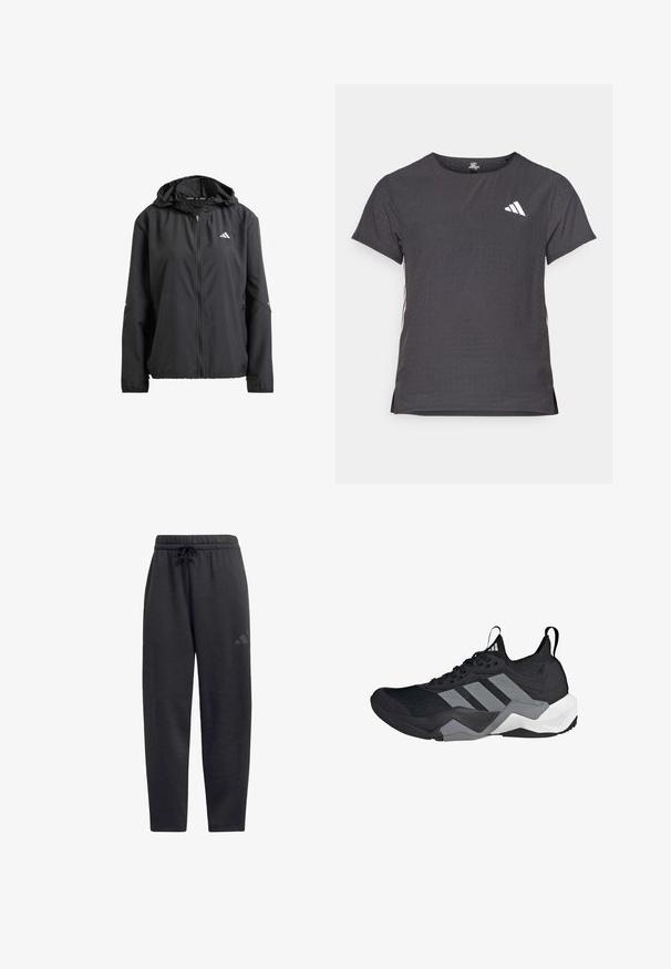 Svart lättviktsjacka med huva, hel dragkedja och två sidofickor. Har reflexlogotyp på bröstet och subtila detaljer på ärmarna.; Kortärmad atletisk t-shirt, mörkgrå med perforerad textur. Har en vit logotyp och kontrasterande sidostripes. Rundad halsringning.; Svarta sweatpants i mjukt tyg, med elastisk midja och dragsko, raka ben och en diskret logotyp på låret.; Svart löparskor med ett ventilerande nätöverdela, grå accenter, strukturerad sula och tre distinkta ränder på sidan.