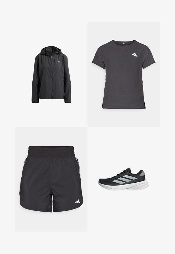 Schwarze leichte Jacke mit Kapuze, durchgehendem Reißverschluss und zwei Seitentaschen. Mit reflektierendem Logo auf der Brust und dezenten Akzenten an den Ärmeln.; Kurze Ärmel Sport-T-Shirt, dunkelgrau mit durchbrochener Textur. Enthält ein weißes Logo und kontrastierende Seitenstreifen. Runder Ausschnitt.; Schwarze Sportshorts mit elastischem Bund, seitlichen Taschen und weißen Streifenakzenten an den Seiten. Hergestellt aus leichtem Material.; Schwarzer Laufschuh mit Mesh-Obermaterial, drei silbernen Streifen, weißer Zwischensohle und strukturiertem Außensohle. Verfügt über einen gepolsterten Schaft und eine Schnürung.