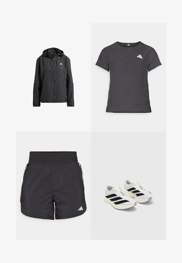 Jachetă neagră ușoară cu glugă, fermoar complet și două buzunare laterale. Prezintă un logo reflectorizant pe piept și accente subtile pe manșete.; Tricou athletic cu mânecă scurtă, gri închis, cu textură perforată. Prezentă un logo alb și dungi contrastante pe laterale. Guler rotunjit.; Șorturi atletice negre, cu talie elastică, buzunare laterale și accente albe pe laterale. Fabricate dintr-un material ușor.; Încălțăminte sport albă cu dungi negre și branding, având un guler din plasă, vârf rotund și o talpă groasă de crem pentru amortizare.