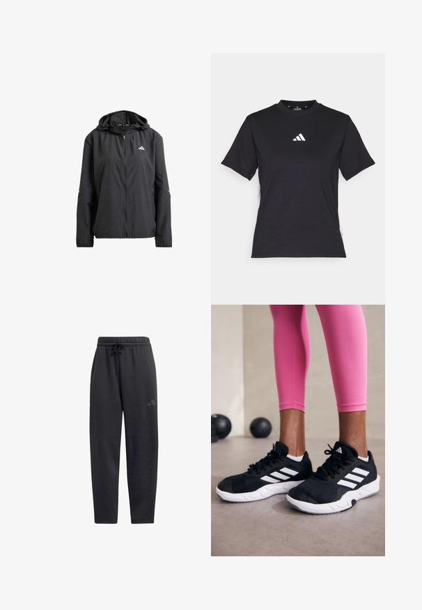 Must mustus jope kapuutsiga, täispikk tõmblukk ja kaks külge taskut. Omab peegeldavat logo rinna piirkonnas ja diskreetsed detailid varrukatel.; Must have lühikeste varrukatega T-särk, mis on valmistatud pehmest kangast. Esiküljel on valge Adidas logo ja kontrastsed valged triibud külgedel.; Mustadest pehmest kangast dressipükstest, millel on elastne vöökoht ja nöör, sirged säärtes ning diskreetne logo reiel.; Mustad must sportlikud jalanõud valgete triipudega, tekstureeritud võrkkattega ülemine osa ja valge tallaga. Kombineeritud roosade retuusidega, tutvustades treeningriideid.