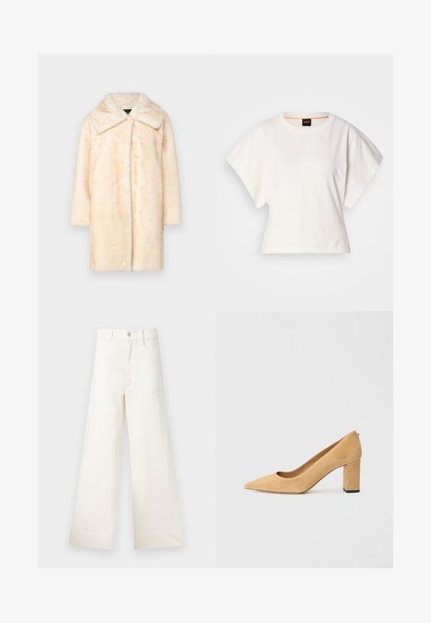 Kabát z umělé kožešiny ve světle béžové barvě s širokým límcem, dlouhými rukávy a rovnými liniemi. Měkká textura, minimální švy a skryté zapínání.; Bílý zkrácený T-shirt, krátké široké rukávy, měkký bavlněný materiál, kulatý výstřih s jemným oranžovým lemováním, minimalistický design, bez vzorů nebo grafik.; Kalhoty s širokými nohavicemi v světle béžové bavlně. Mají vysoký pas, přední kapsy a rovný střih. Čistý lem bez vzorů.; Beige semišové lodičky na vysokém podpatku s špičatou špičkou a silným blokovým podpatkem. Materiál má jemnou texturu a hladký povrch.