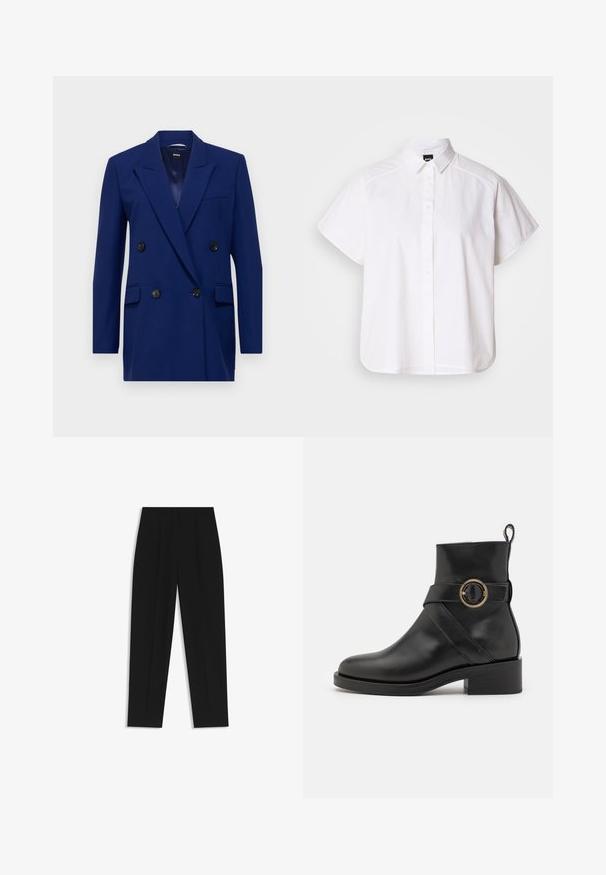 BOSS JALETO - Blazer - open blue; Hvid kortærmet skjorte med knaplukning, spidse kraver og buet nederste kant. Lavet af bomuld med en glat struktur og uden synlige mønstre.; Sorte bukser med lige pasform, der har dobbelte folder, en glat tekstur og et klassisk taljedesign. Ingen synlige hardware eller accenter.; BOSS IRYNA BOOTIE - Plateaustøvletter - black