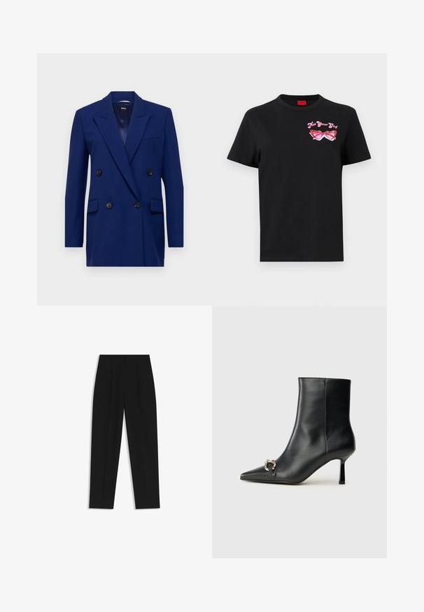 BOSS JALETO - Blazer - open blue; Zwarte katoenen t-shirt met korte mouwen, featuring een roze grafiek van een zonnebril en de tekst "Not Your Girl" op de linkerborst.; Zwarte broeken met een rechte pasvorm, voorzien van dubbele plooien, een zachte textuur en een klassiek taillebandontwerp. Geen zichtbare hardware of accenten.; Zwarte leren enkelboot met spitse neus, slanke middenhoge hak en zilveren gespdetail aan de zijkant op een effen achtergrond.